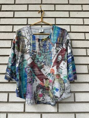Inoah S Abstract Graffiti Street Art Print Tunic Top 3/4 Sleeve Lagenlook USA